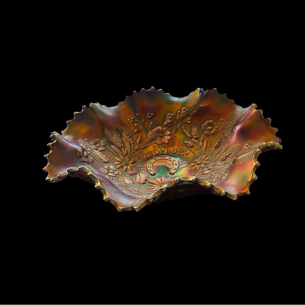 Antique Northwood Good Luck Carnival Glass Bowl - Electric Blue (As-Is/Repaired)